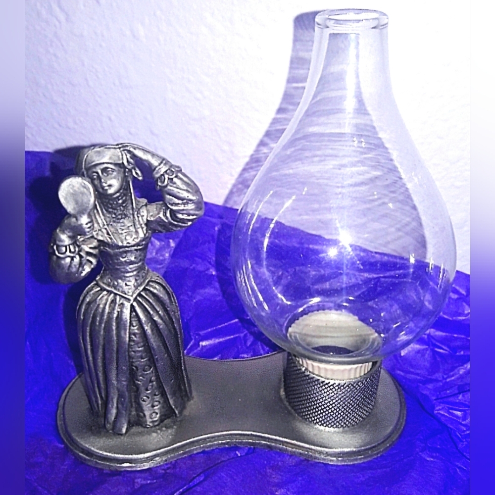 Vintage Fine Pewter Candle Holder Figurine Midieval Woman Holding A Round Mirror